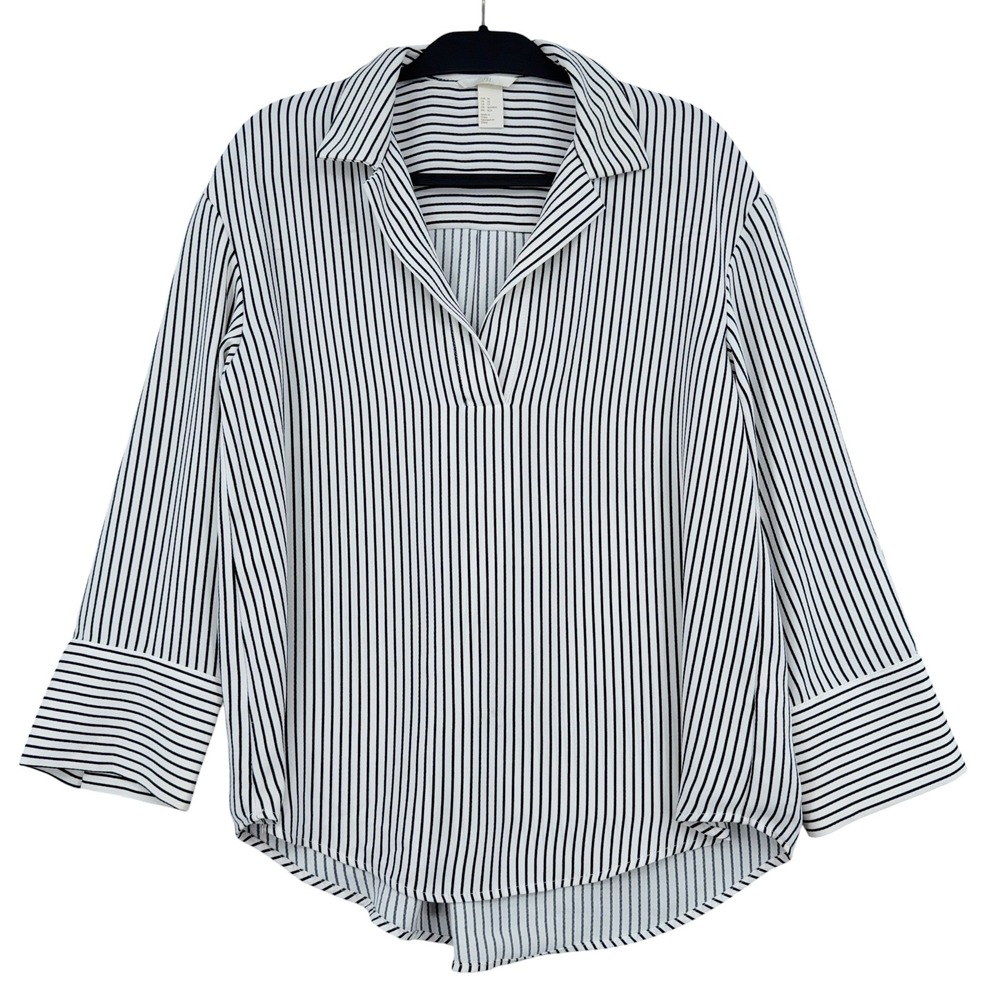 H&M Striped V-Neck‎ Blouse Womens XS 100% Polyester White Black